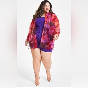 Nina Parker New Trendy Plus Printed Organza Red Button Up Blouse Size 1X